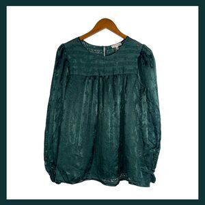 NWT Max Studio Emerald Green Jacquard Blouse Balloon Sleeve Oversized Size S